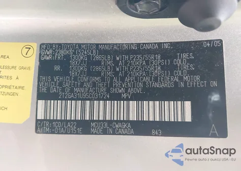 2005 Lexus Rx 330 из США, поврежденный, VIN 2T2GA31U95C031724